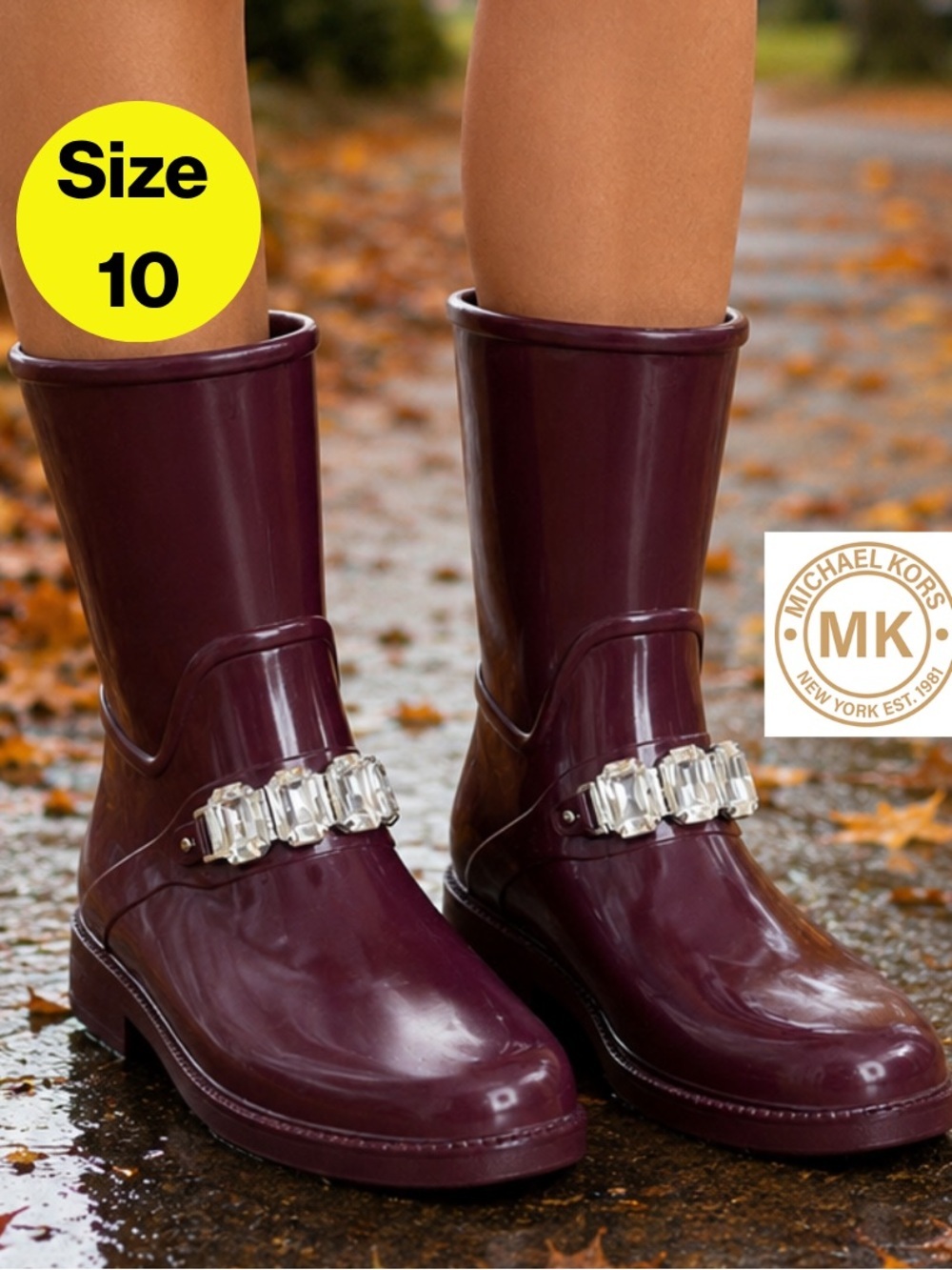 MICHAEL KORS 💜 Glossy Burgundy Rubber Rain Calf Boots “The Leslie” (Size 10)